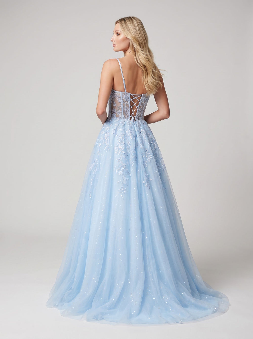 Sky Blue Glitter Tulle & Lace A-Line V-Neck Corset Back Floor-Length Dress