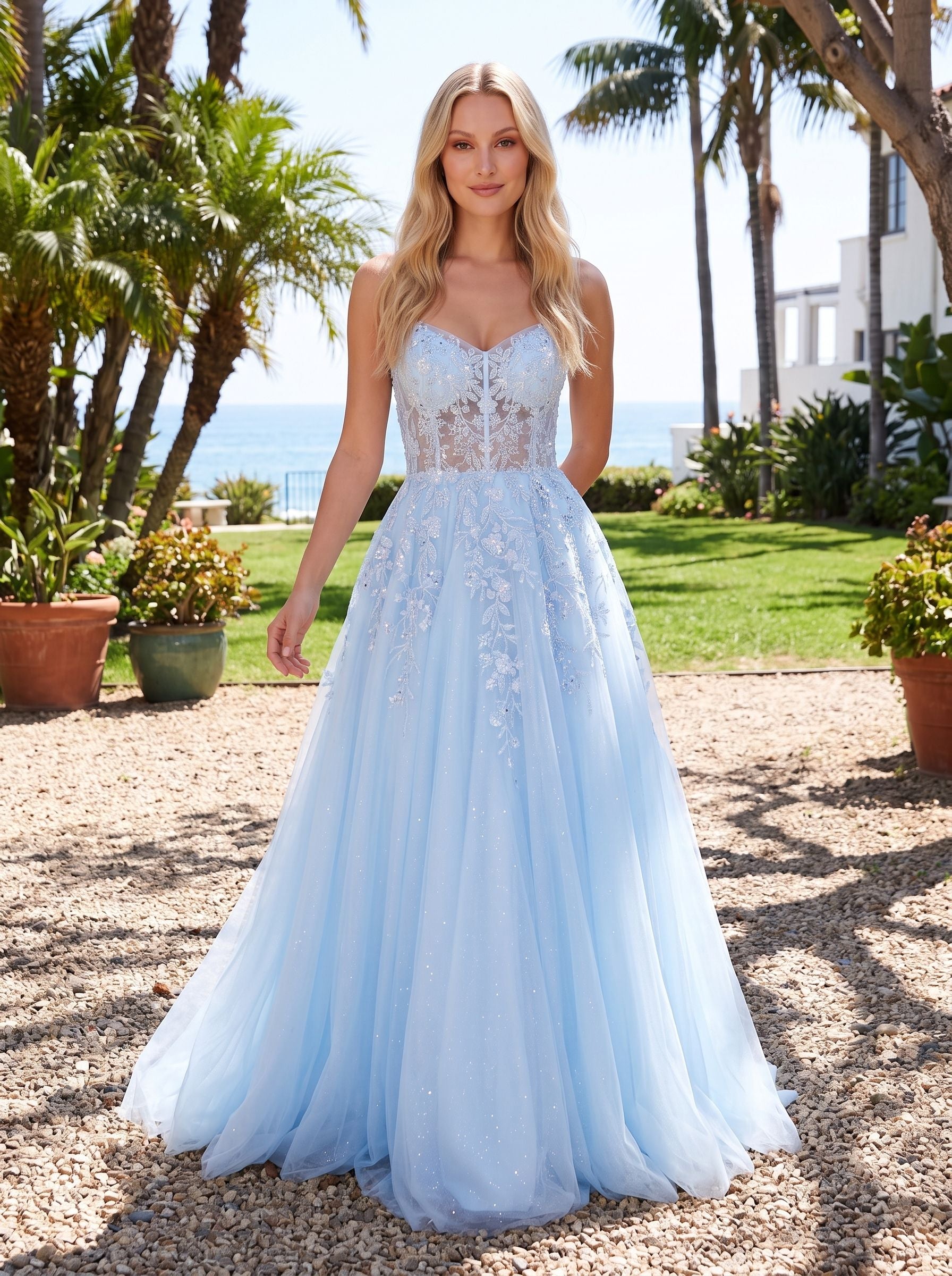 Sky Blue Glitter Tulle & Lace A-Line V-Neck Corset Back Floor-Length Dress