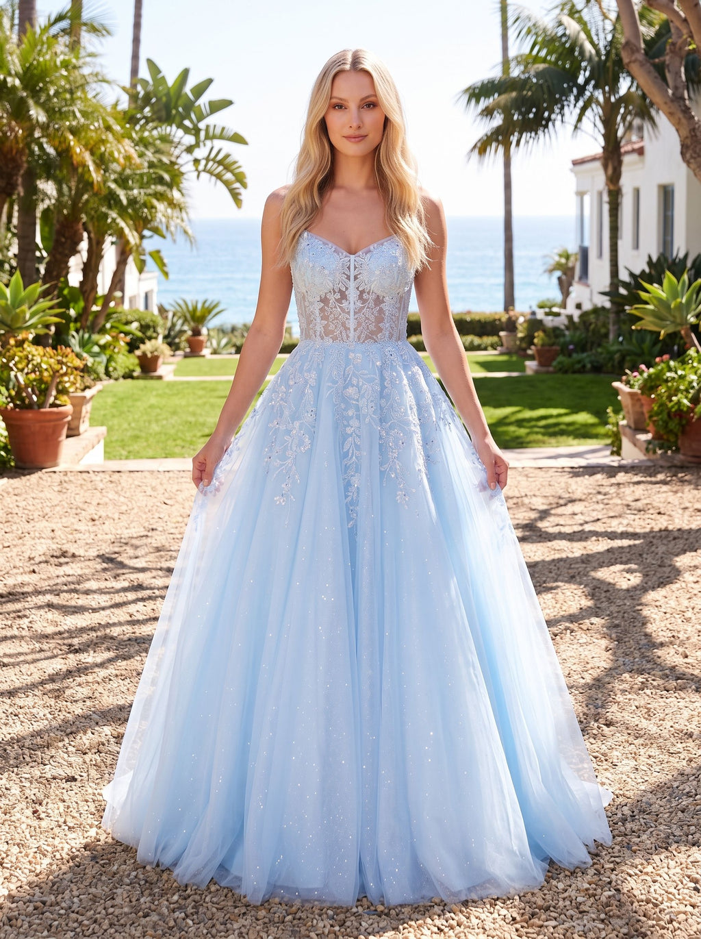 Sky Blue Glitter Tulle & Lace A-Line V-Neck Corset Back Floor-Length Dress
