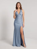 Dusty Blue Stretch Knit column Halter neckline Floor-Length Dress with Side Slit