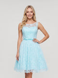 Mint Green Lace A-Line Scoop Neck Lace-up Knee-Length Dress with Pleated Bodice & Satin Sash