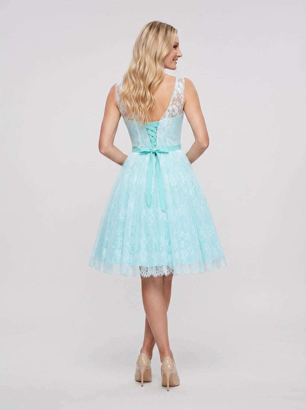 Mint Green Lace A-Line Scoop Neck Lace-up Knee-Length Dress with Pleated Bodice & Satin Sash
