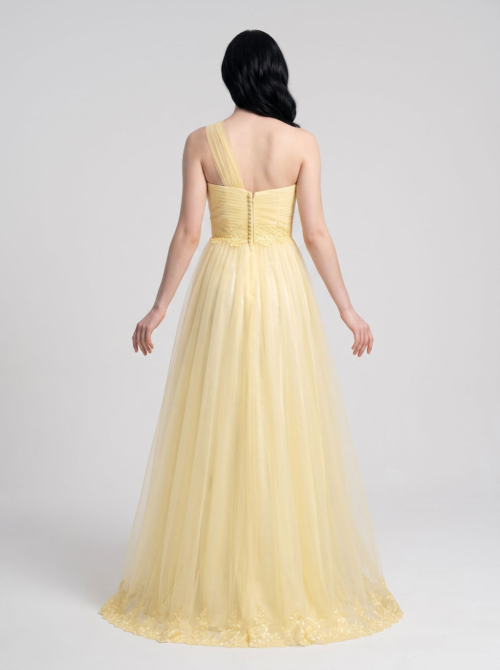Daffodil Tulle A-Line One Shoulder Back Zip Floor-Length Dress with Lace Appliques