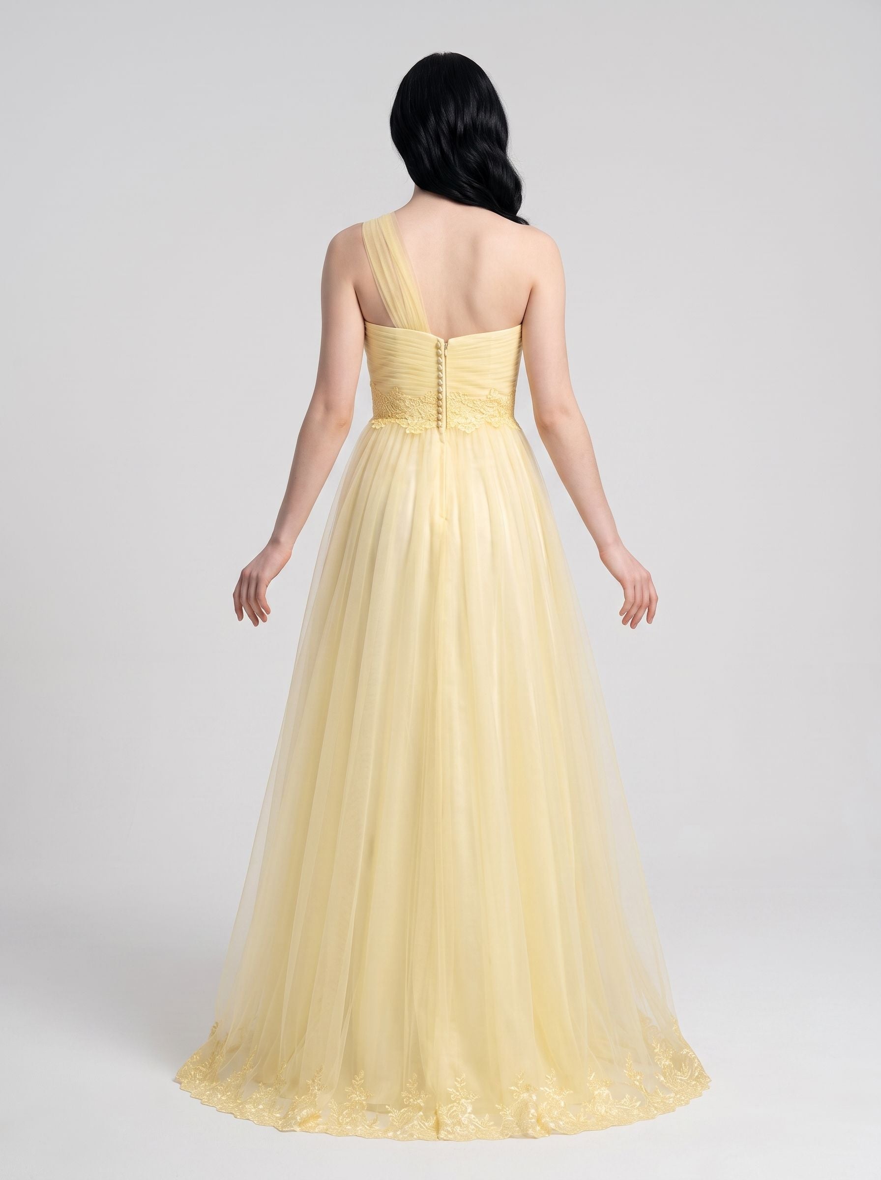 Daffodil Tulle A-Line One Shoulder Back Zip Floor-Length Dress with Lace Appliques