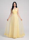 Daffodil Tulle A-Line One Shoulder Back Zip Floor-Length Dress with Lace Appliques
