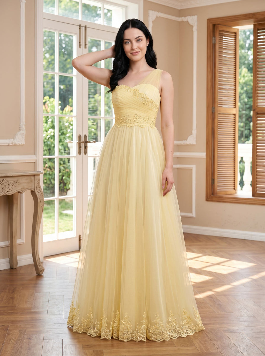Daffodil Tulle A-Line One Shoulder Back Zip Floor-Length Dress with Lace Appliques
