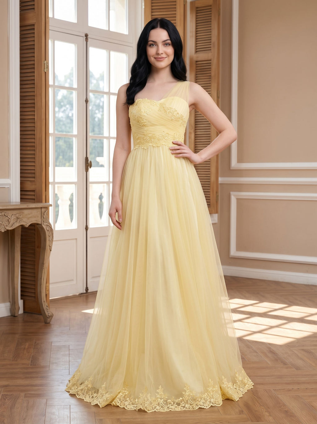 Daffodil Tulle A-Line One Shoulder Back Zip Floor-Length Dress with Lace Appliques