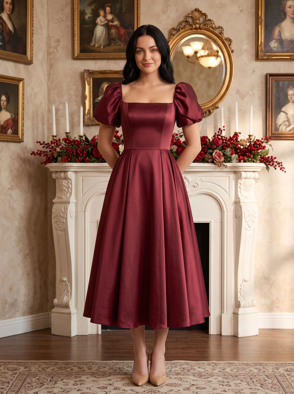 Burgundy Satin A-Line Square Neck Lace-up Ankle-Length Dress with Puff Sleeves & Ruched Bodice