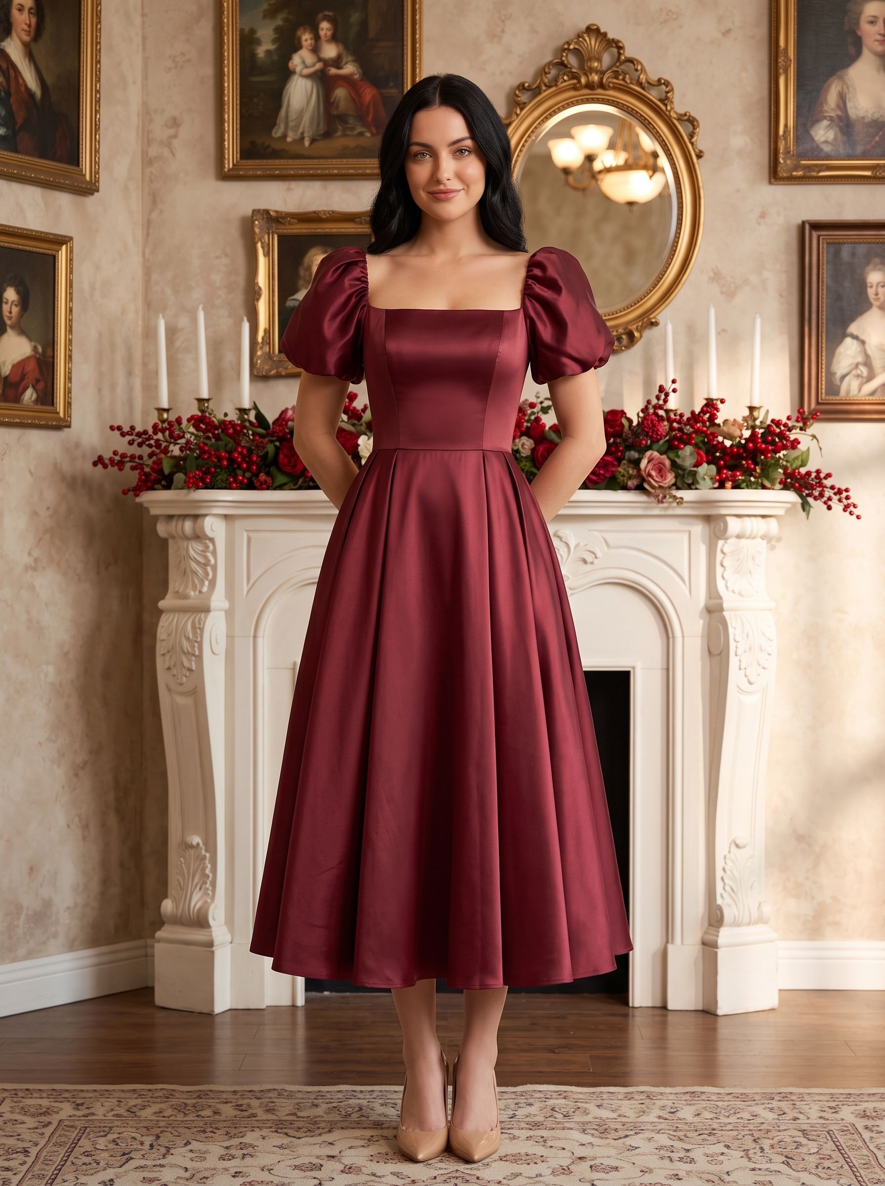 Burgundy Satin A-Line Square Neck Lace-up Ankle-Length Dress with Puff Sleeves & Ruched Bodice