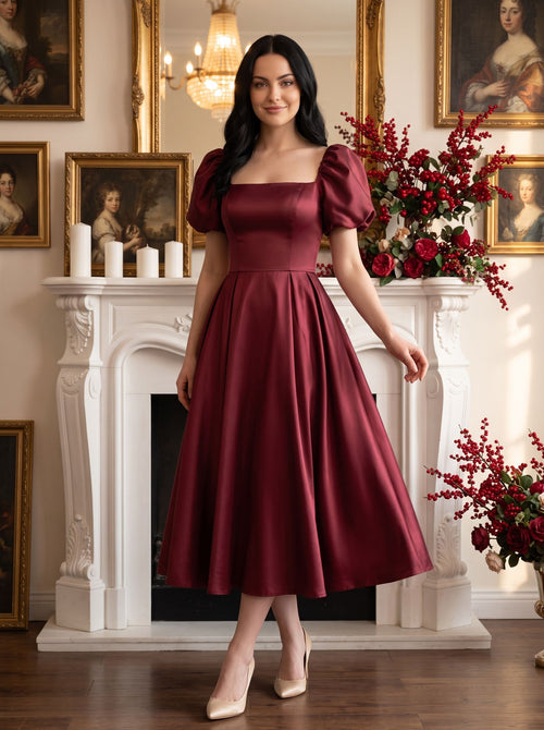 Burgundy Satin A-Line Square Neck Lace-up Ankle-Length Dress with Puff Sleeves & Ruched Bodice