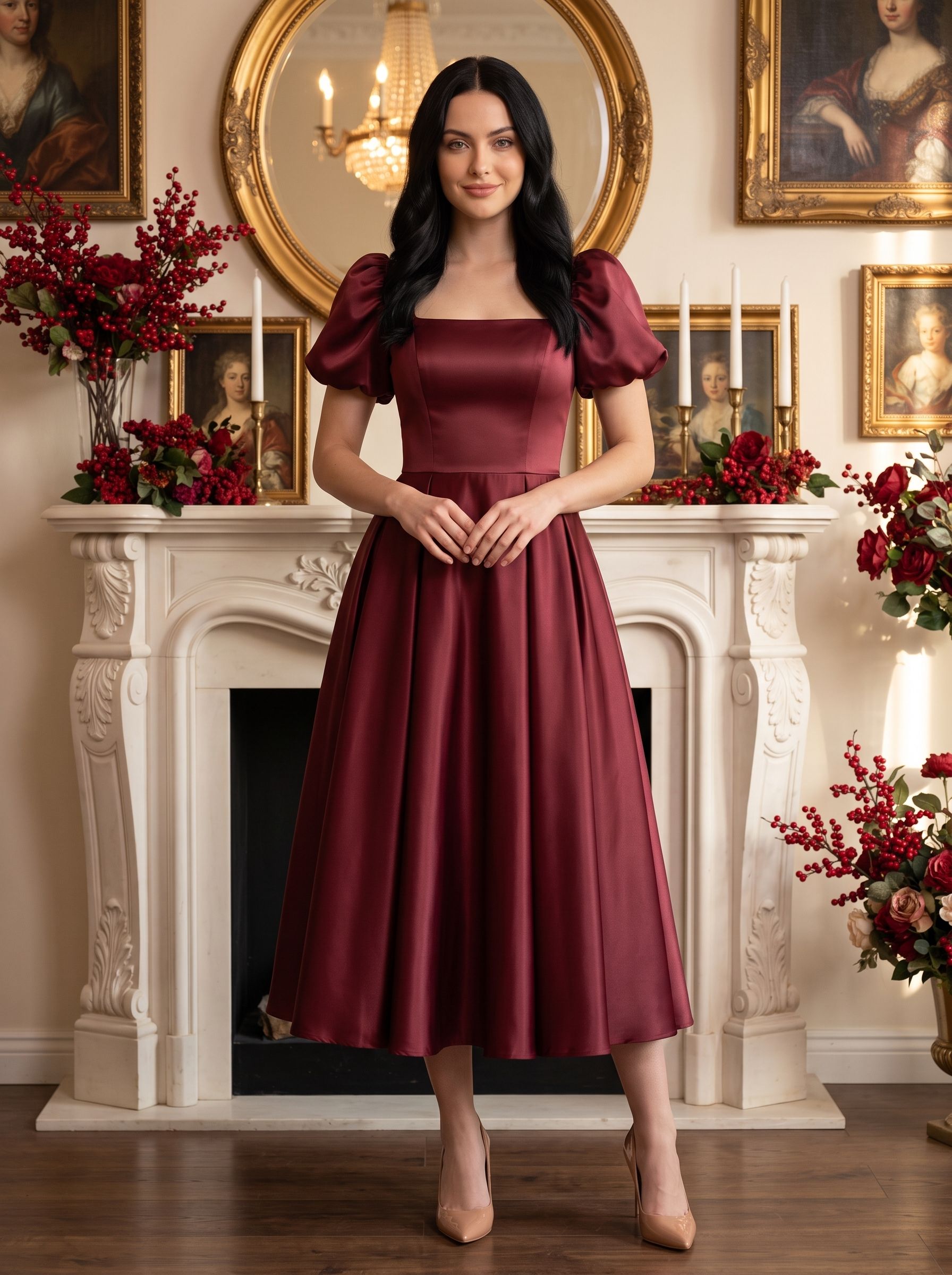 Burgundy Satin A-Line Square Neck Lace-up Ankle-Length Dress with Puff Sleeves & Ruched Bodice