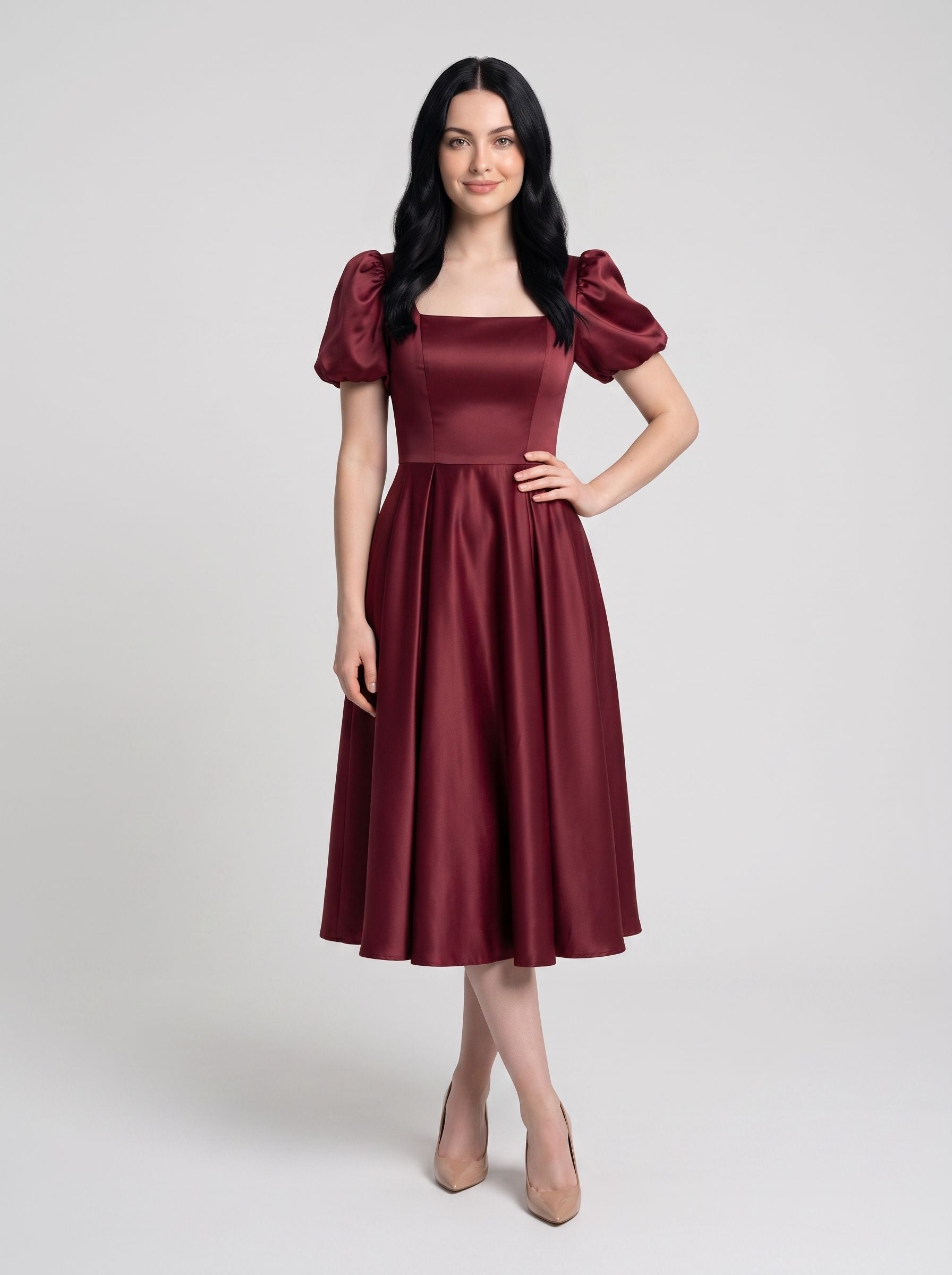 Burgundy Satin A-Line Square Neck Lace-up Ankle-Length Dress with Puff Sleeves & Ruched Bodice