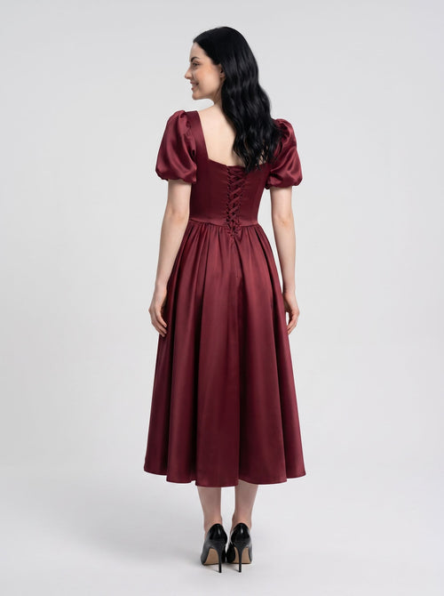 Burgundy Satin A-Line Square Neck Lace-up Ankle-Length Dress with Puff Sleeves & Ruched Bodice