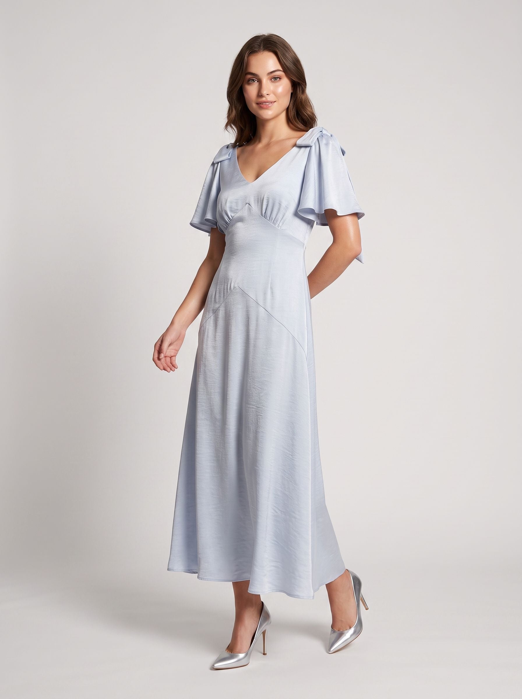 Dusty Blue Satin A-Line V-Neck Back Zip Short Dress with Ribbon Straps