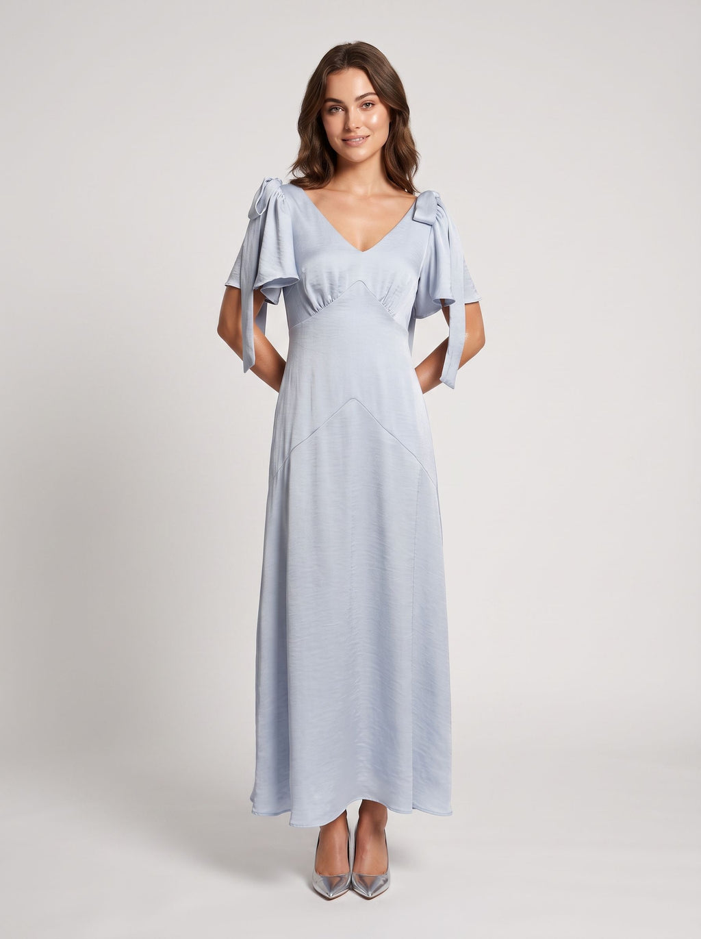 Dusty Blue Satin A-Line V-Neck Back Zip Short Dress with Ribbon Straps