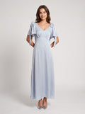 Dusty Blue Satin A-Line V-Neck Back Zip Short Dress with Ribbon Straps