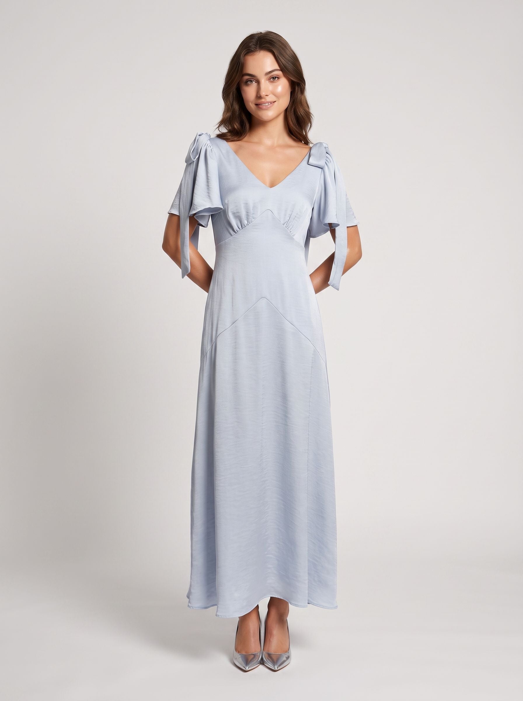Dusty Blue Satin A-Line V-Neck Back Zip Short Dress with Ribbon Straps