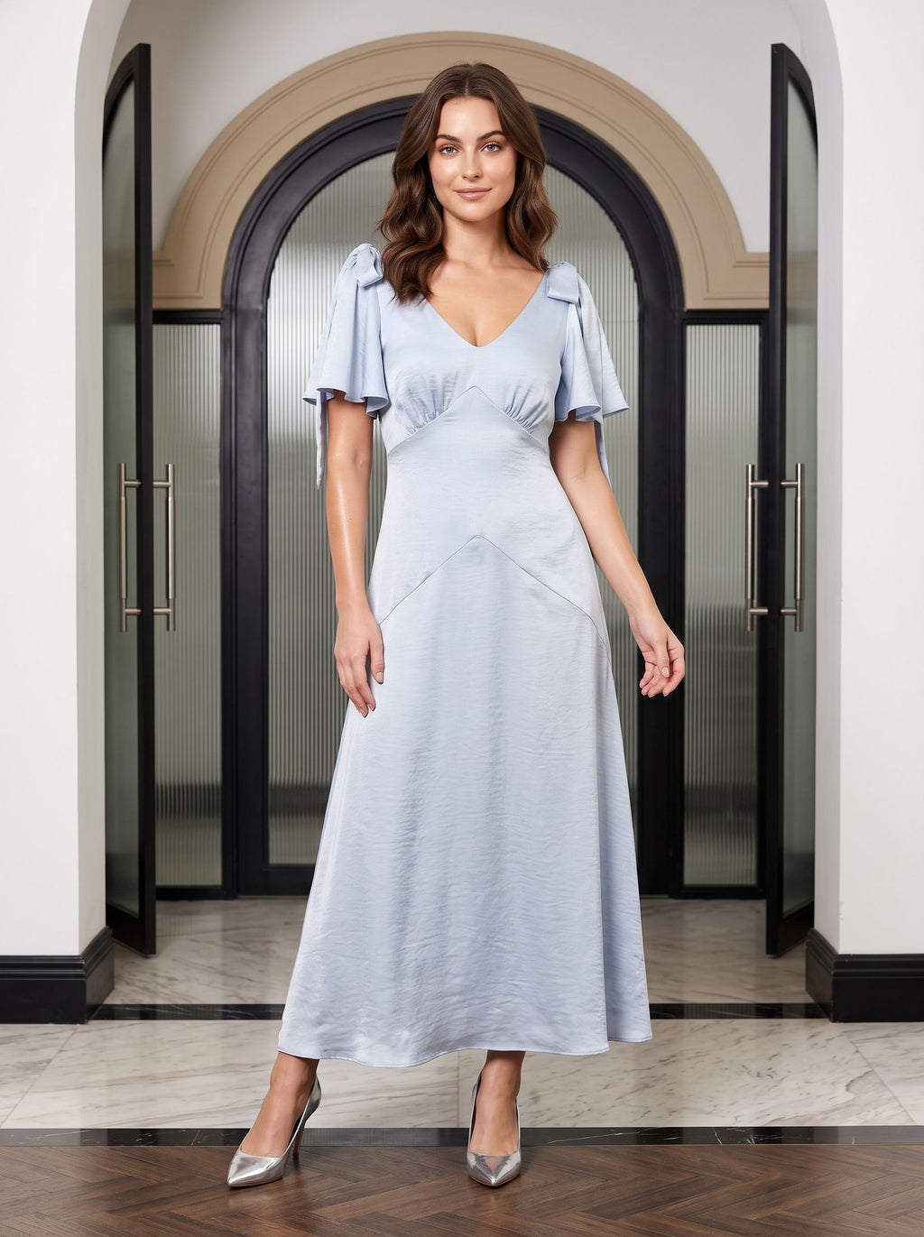 Dusty Blue Satin A-Line V-Neck Back Zip Short Dress with Ribbon Straps