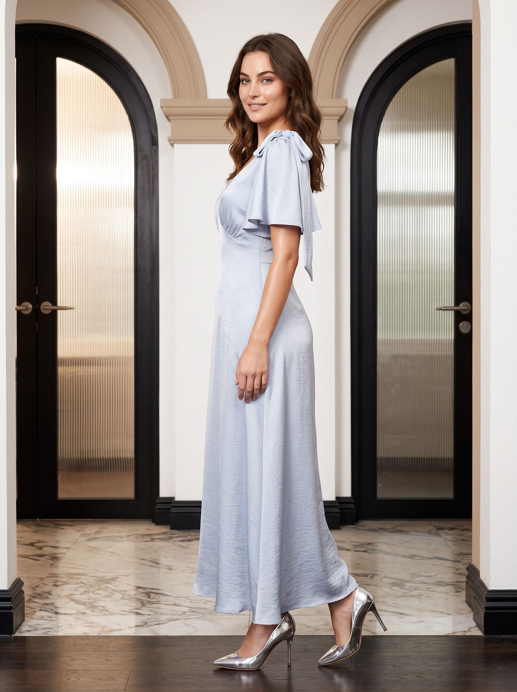 Dusty Blue Satin A-Line V-Neck Back Zip Short Dress with Ribbon Straps