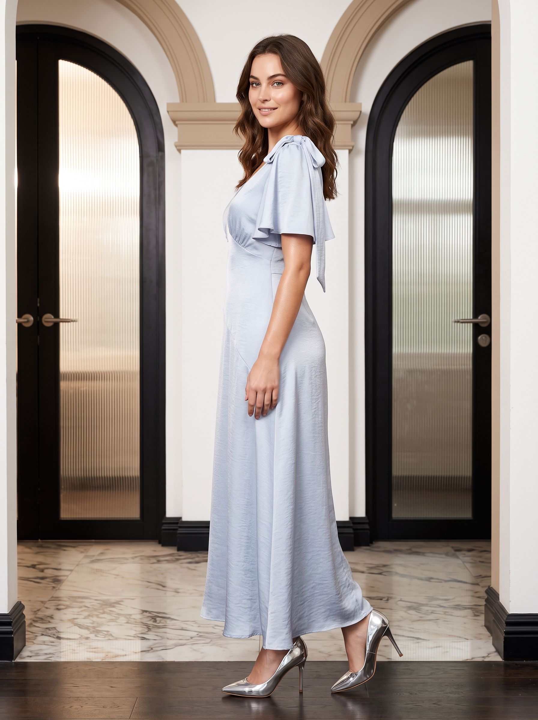 Dusty Blue Satin A-Line V-Neck Back Zip Short Dress with Ribbon Straps