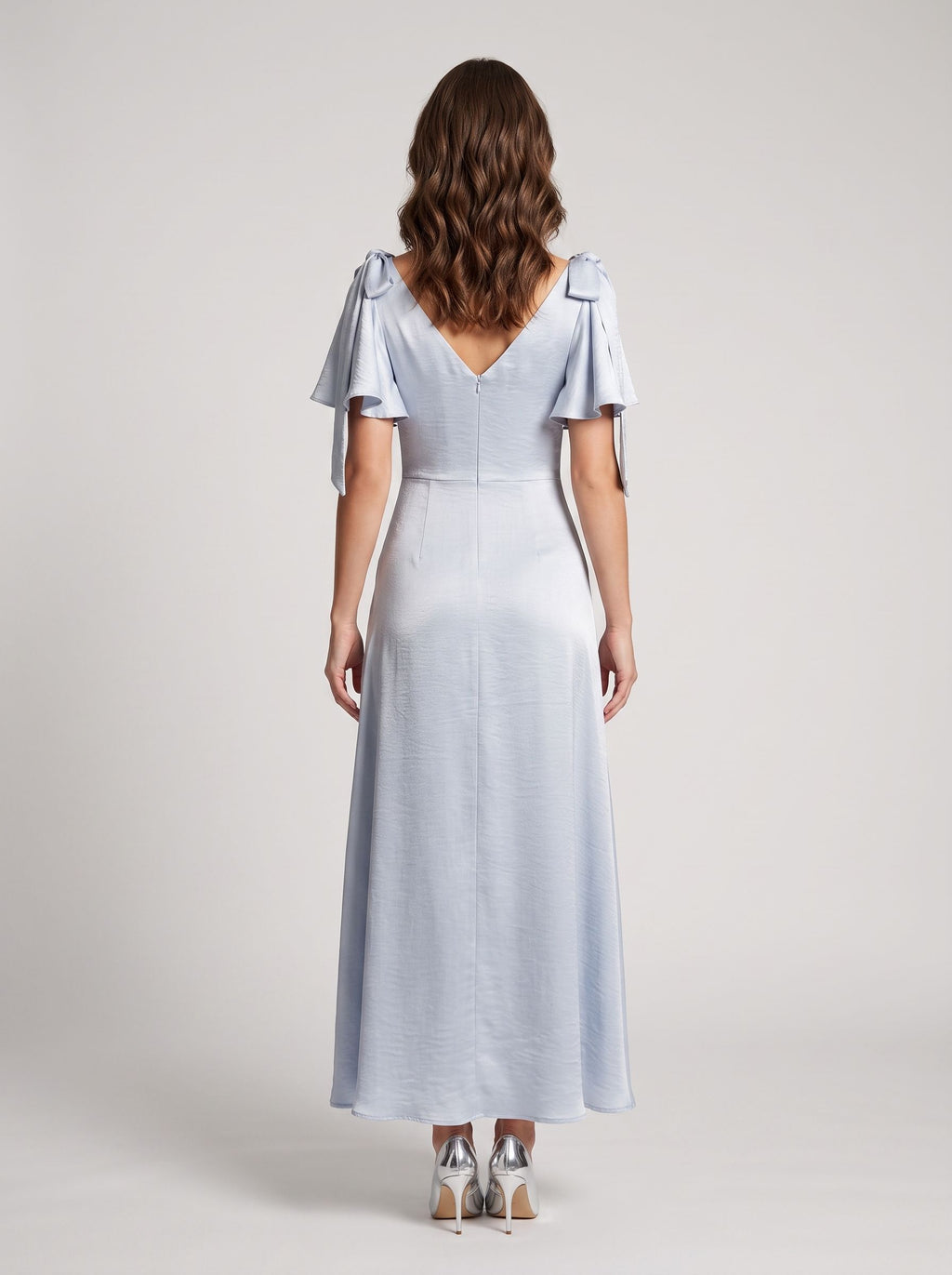 Dusty Blue Satin A-Line V-Neck Back Zip Short Dress with Ribbon Straps