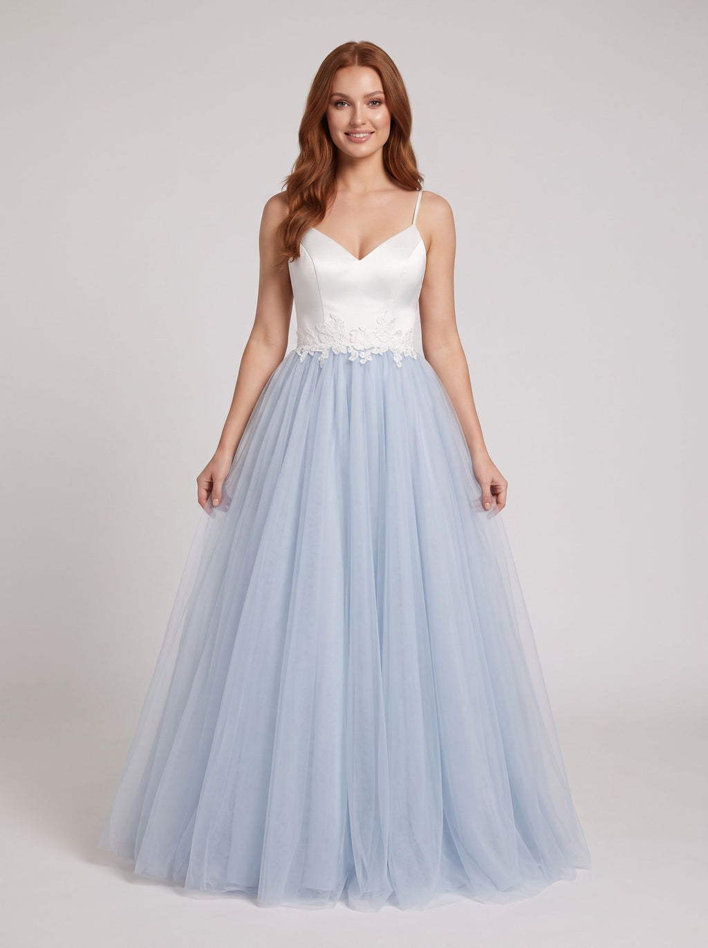 Mist Satin and Tulle A-Line V-Neck Back Zip Floor-Length Dress with Lace appliques