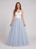 Mist Satin and Tulle A-Line V-Neck Back Zip Floor-Length Dress with Lace appliques