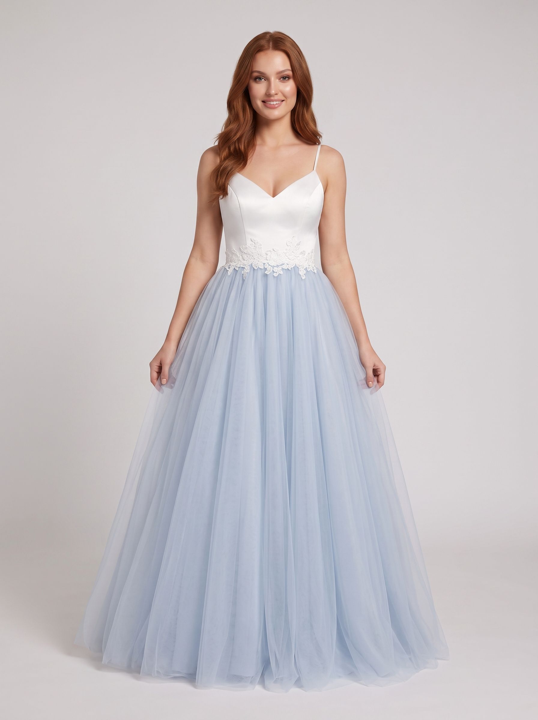 Mist Satin and Tulle A-Line V-Neck Back Zip Floor-Length Dress with Lace appliques