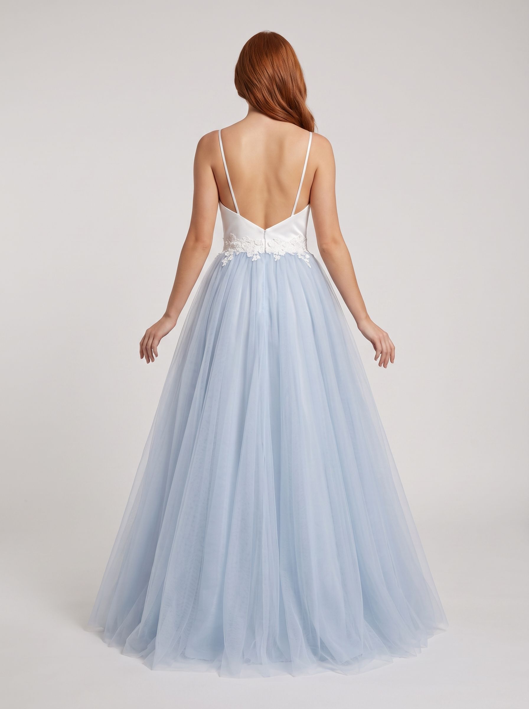 Mist Satin and Tulle A-Line V-Neck Back Zip Floor-Length Dress with Lace appliques