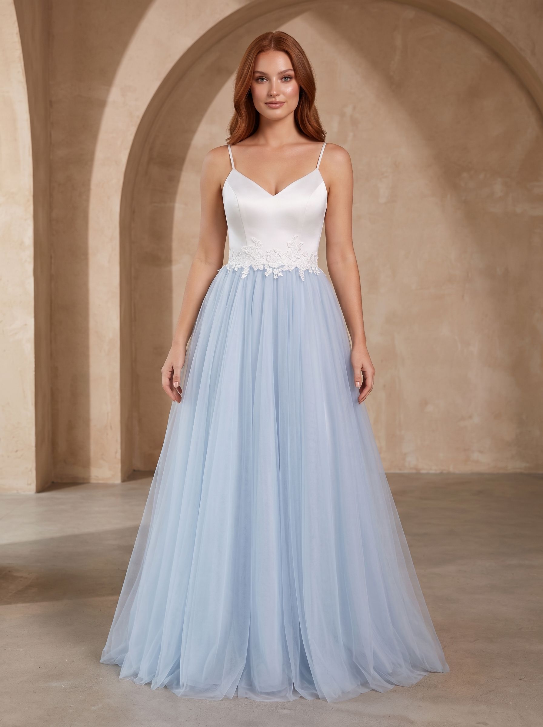 Mist Satin and Tulle A-Line V-Neck Back Zip Floor-Length Dress with Lace appliques