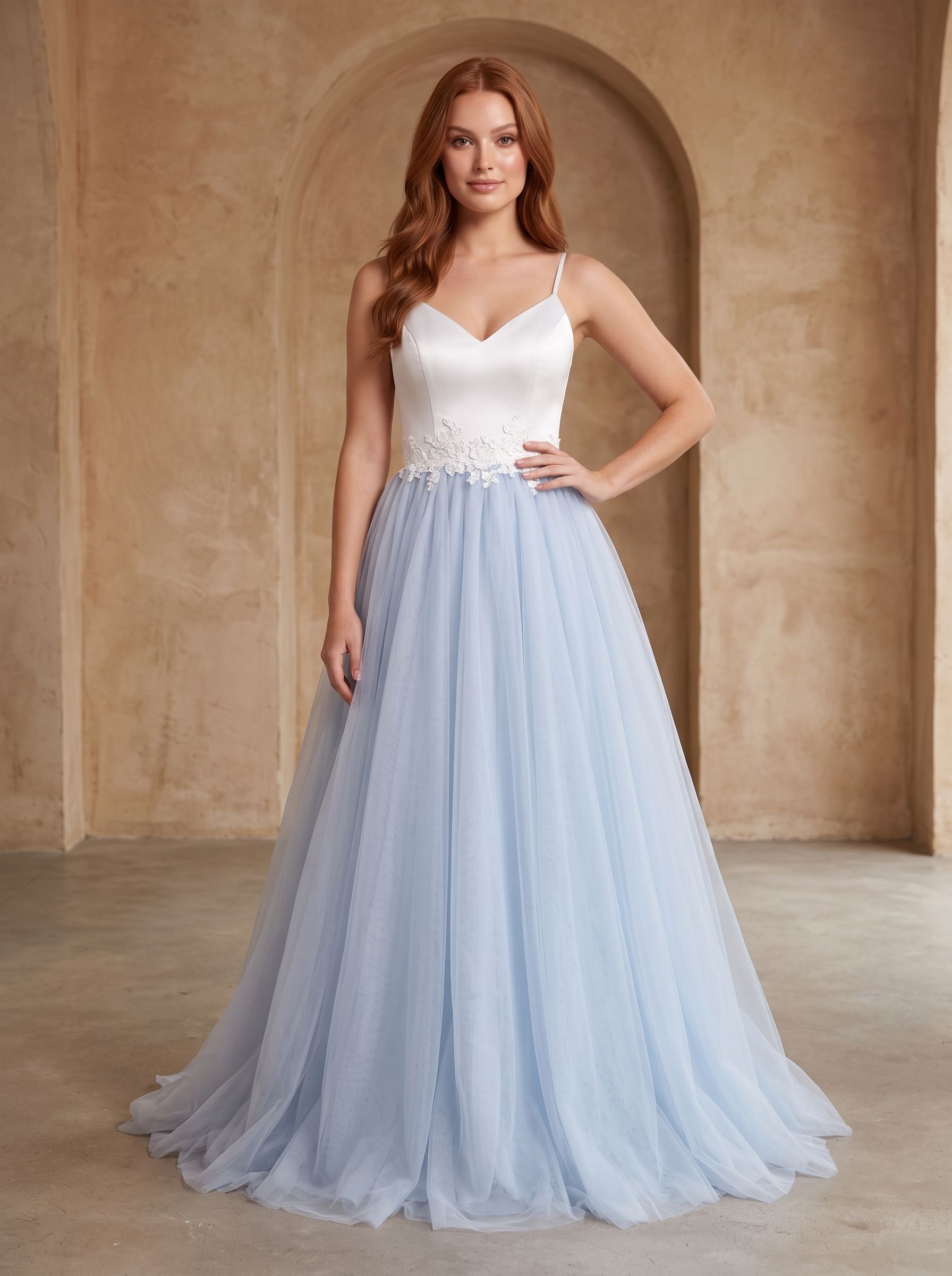Mist Satin and Tulle A-Line V-Neck Back Zip Floor-Length Dress with Lace appliques