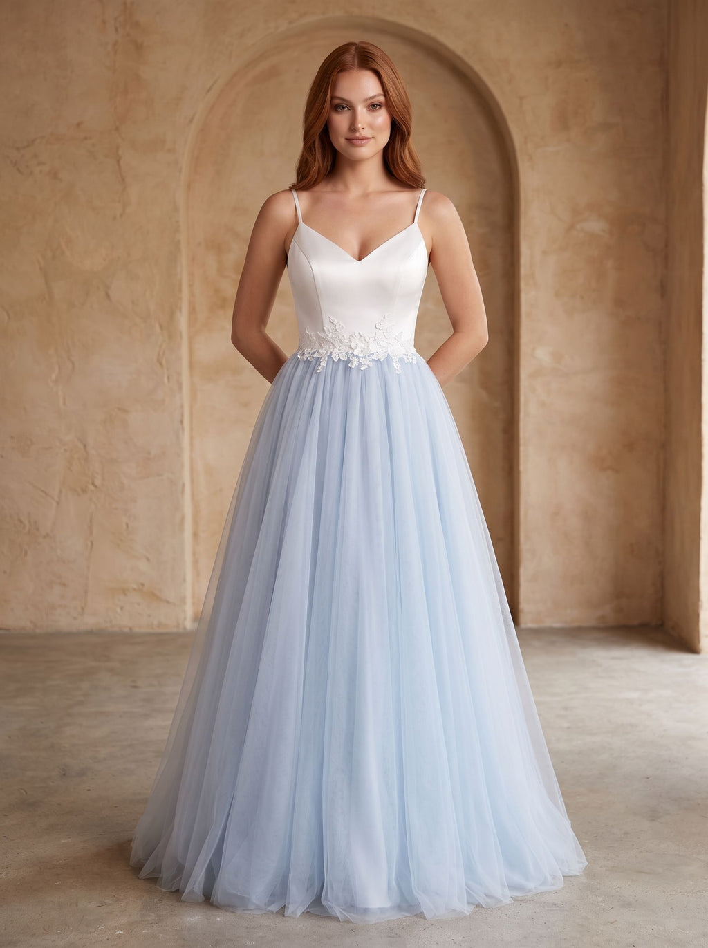 Mist Satin and Tulle A-Line V-Neck Back Zip Floor-Length Dress with Lace appliques