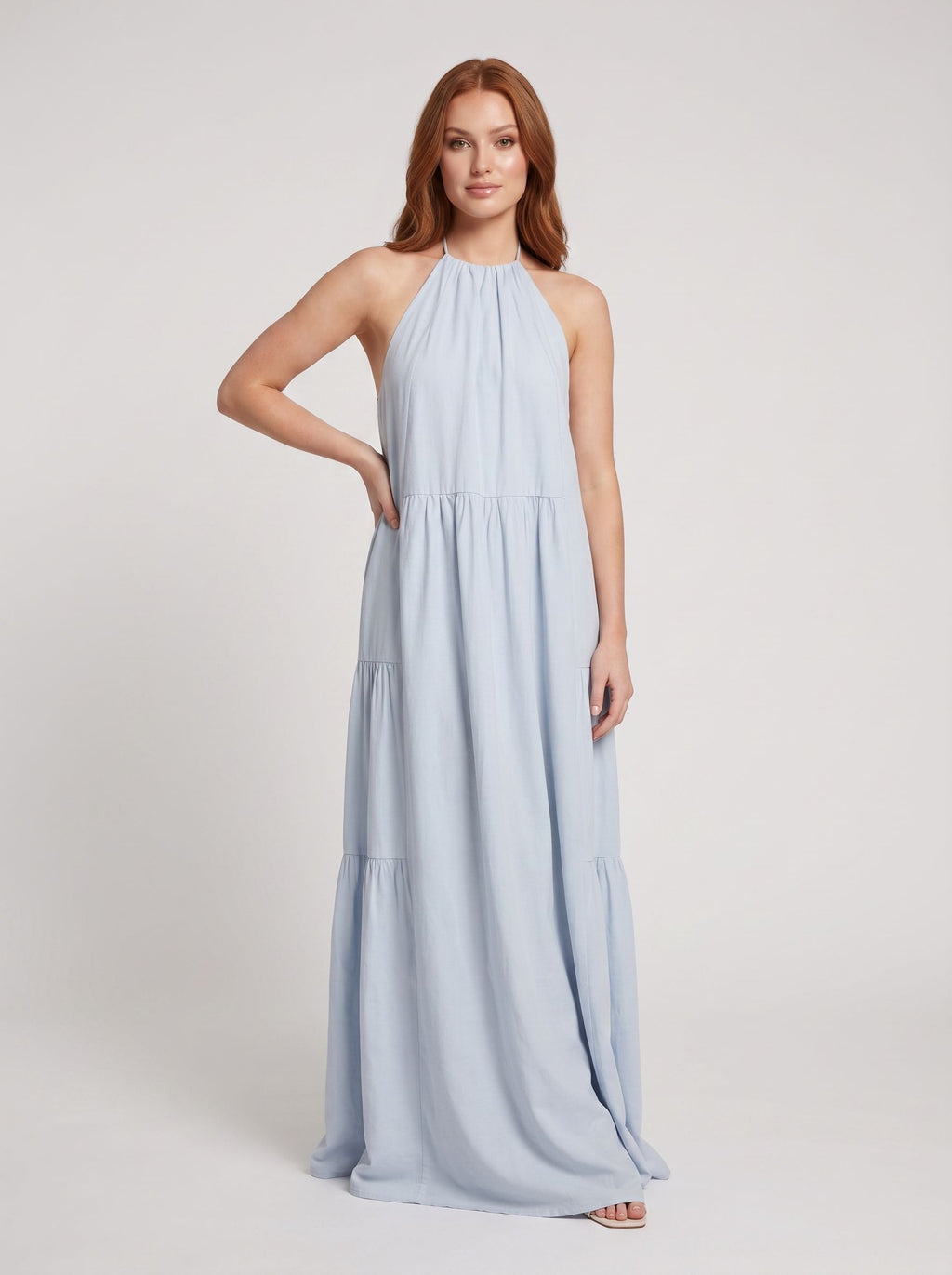 Mist Satin A-Line Halter neckline Backless Floor-Length Dress with Adjustable Tie