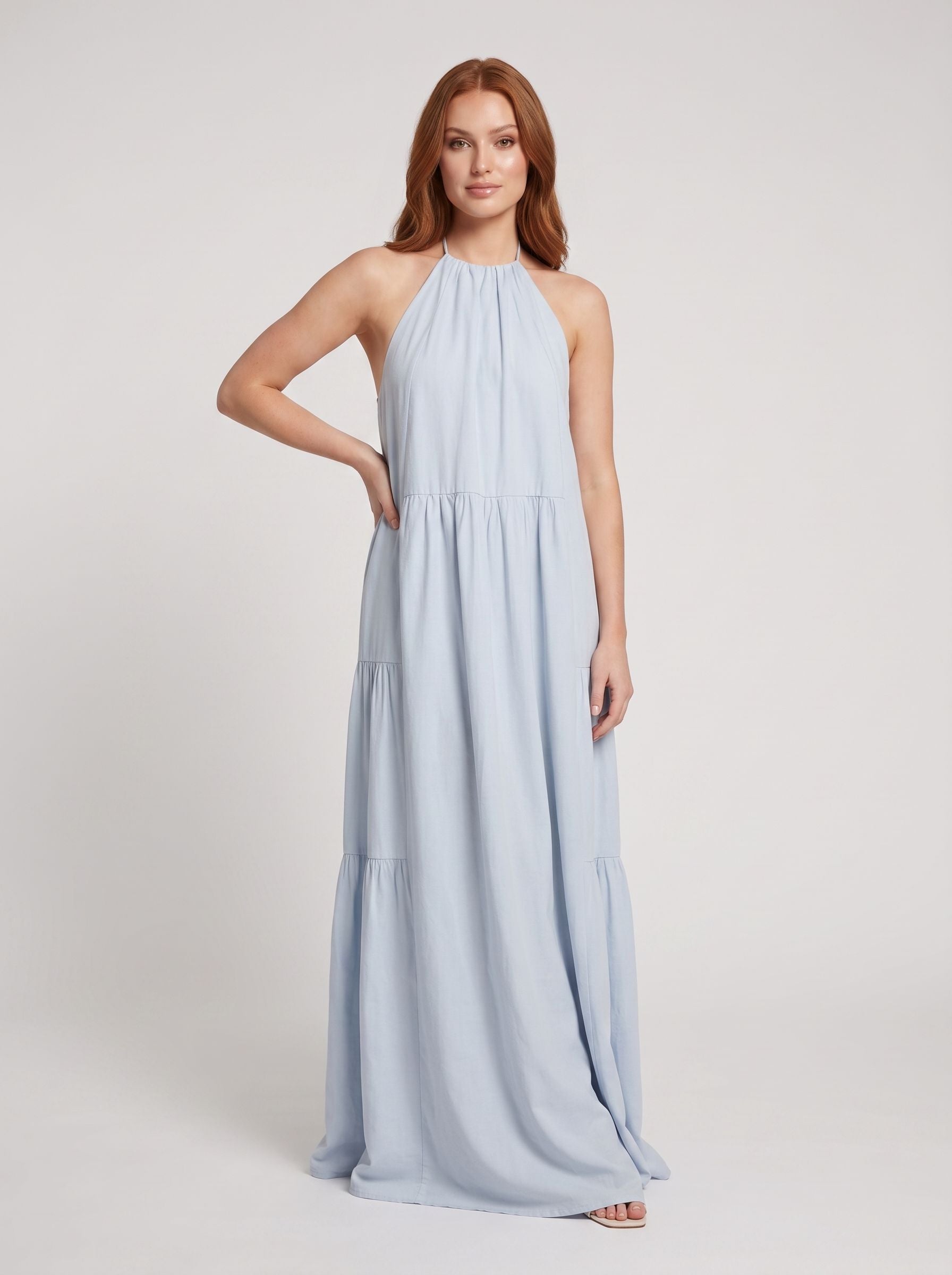 Mist Satin A-Line Halter neckline Backless Floor-Length Dress with Adjustable Tie