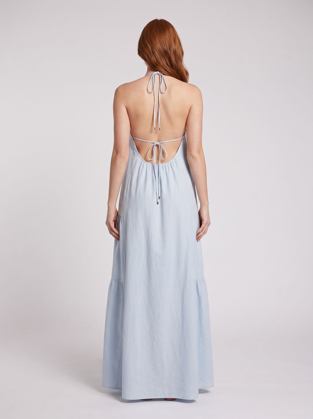 Mist Satin A-Line Halter neckline Backless Floor-Length Dress with Adjustable Tie