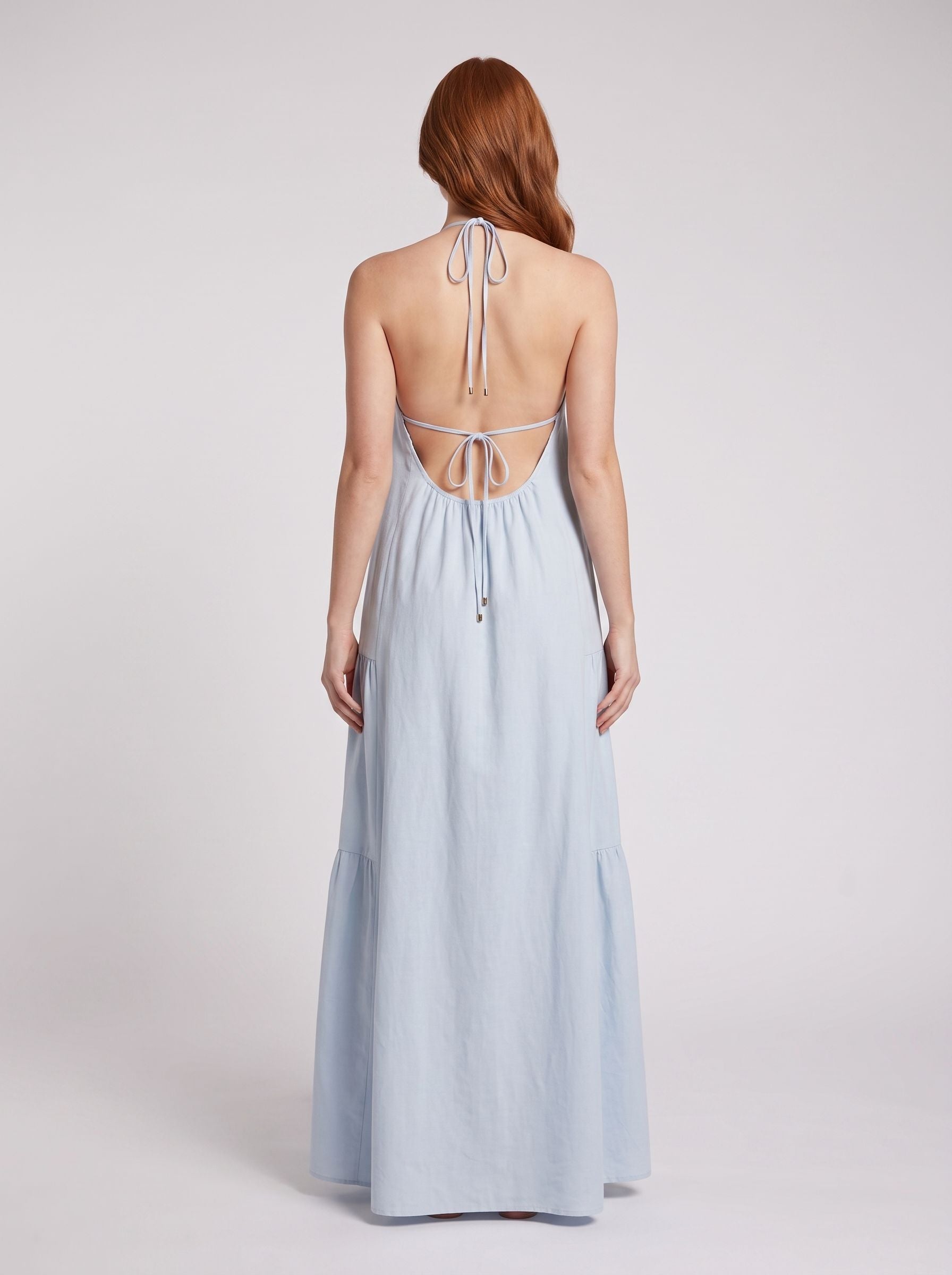 Mist Satin A-Line Halter neckline Backless Floor-Length Dress with Adjustable Tie