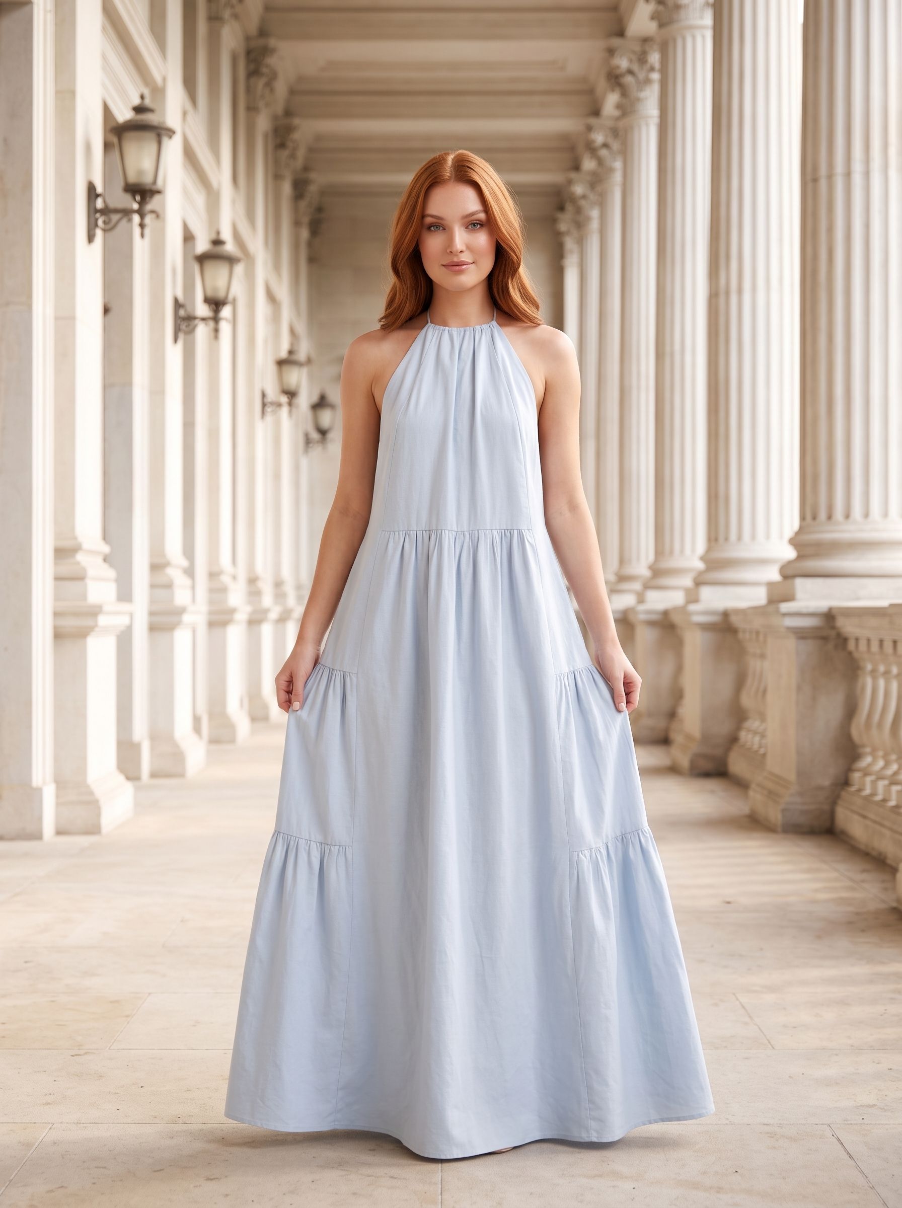Mist Satin A-Line Halter neckline Backless Floor-Length Dress with Adjustable Tie