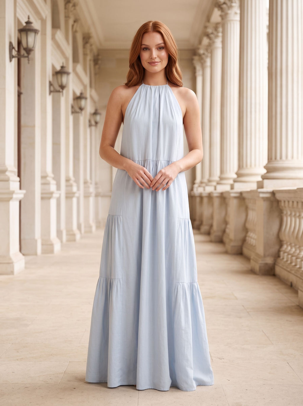 Mist Satin A-Line Halter neckline Backless Floor-Length Dress with Adjustable Tie