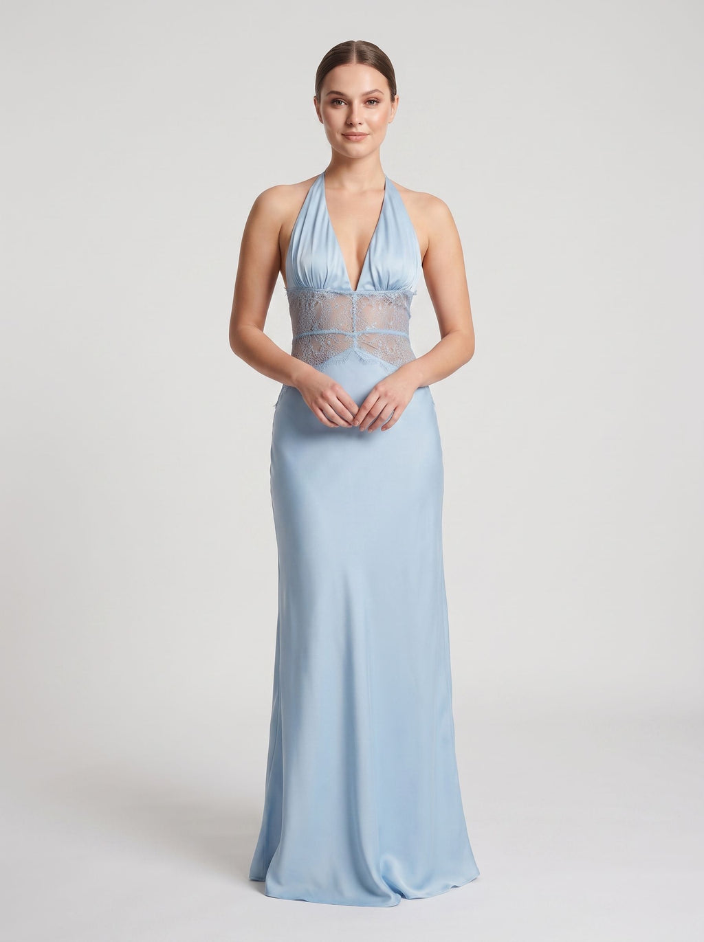 Dusty Blue Satin Column Halter neckline Backless Floor-Length Dress with Lace