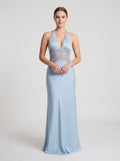Dusty Blue Satin Column Halter neckline Backless Floor-Length Dress with Lace