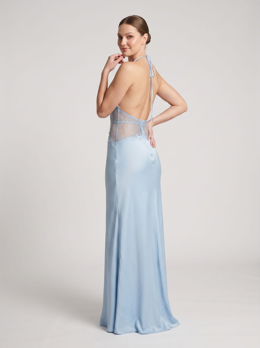 Dusty Blue Satin Column Halter neckline Backless Floor-Length Dress with Lace
