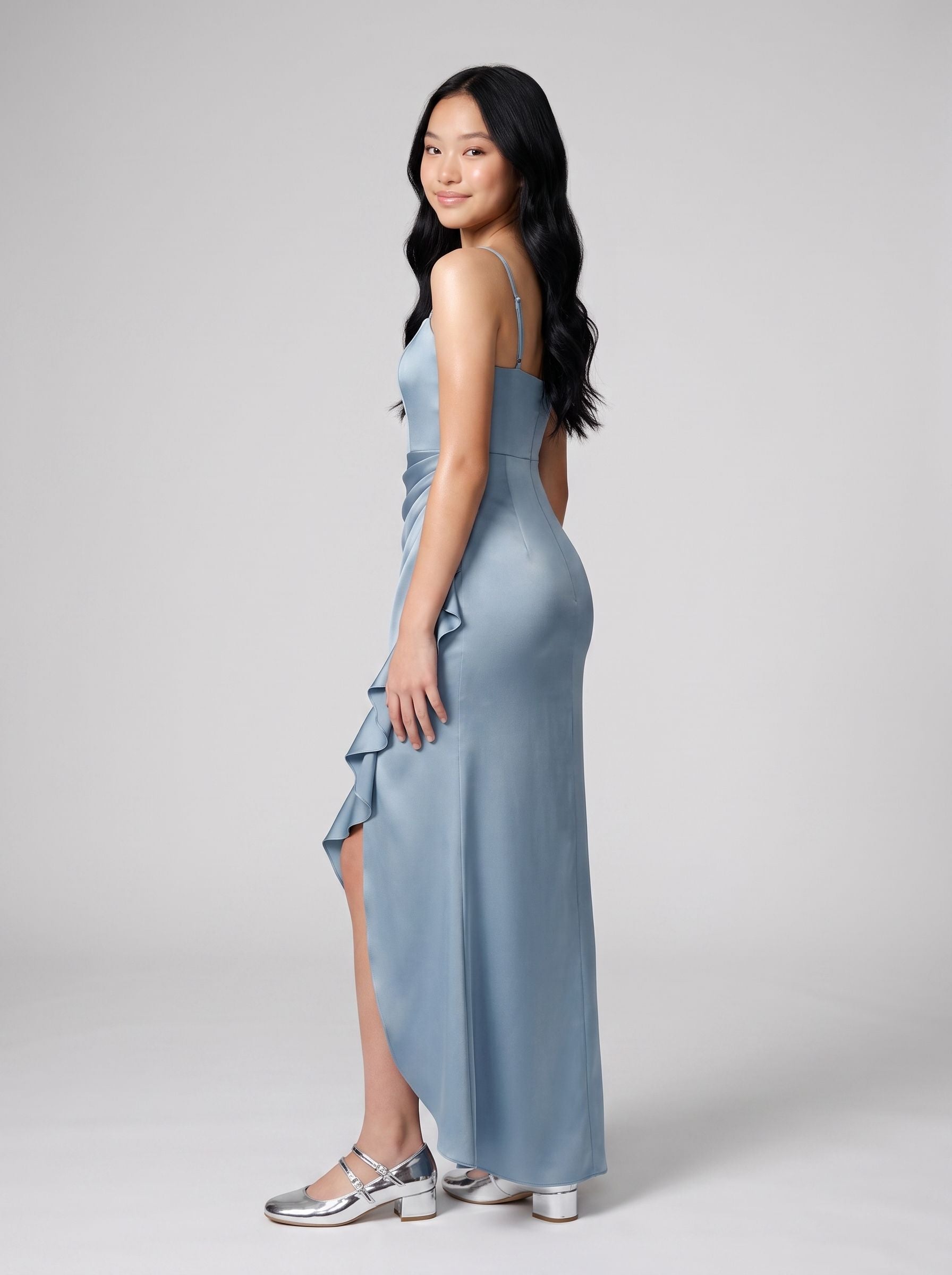 Dusty Blue Satin Sheath Straight Neck Back Zip Floor-Length Dress with Pleating