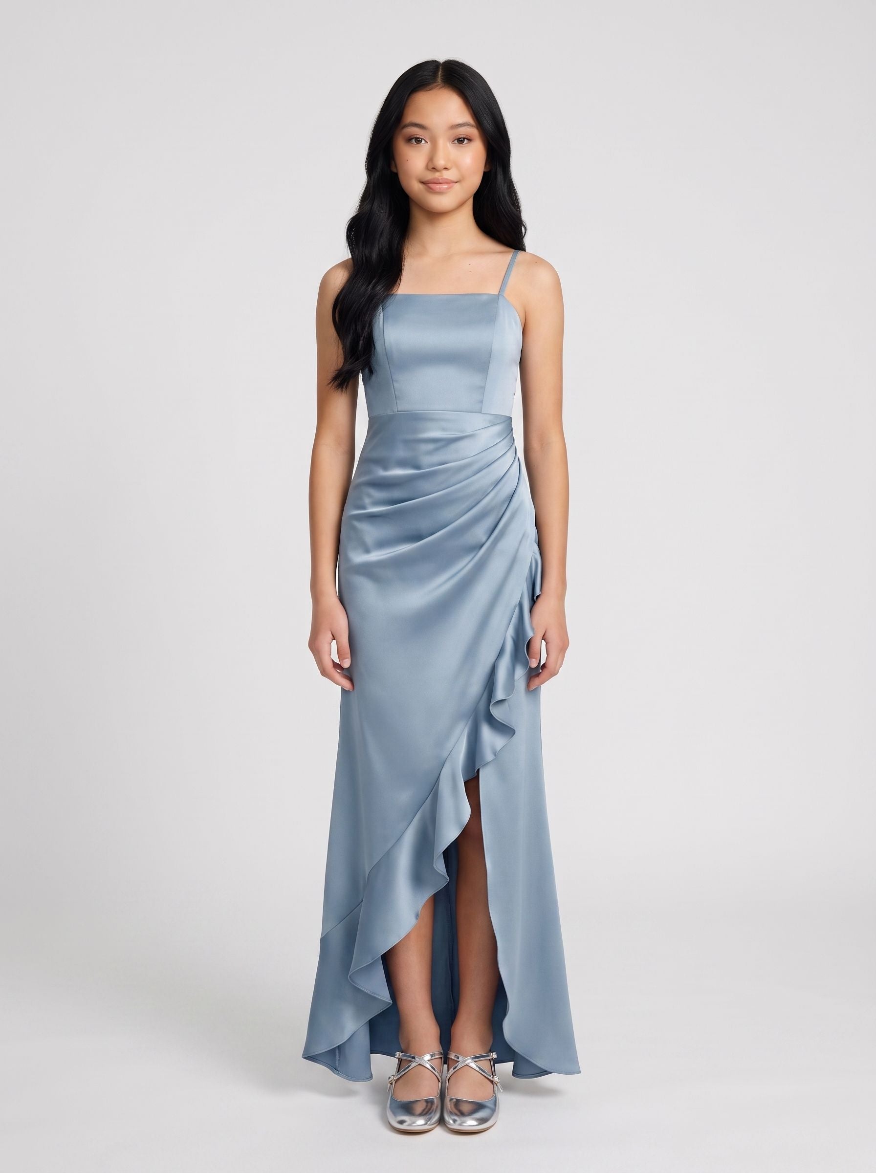 Dusty Blue Satin Sheath Straight Neck Back Zip Floor-Length Dress with Pleating