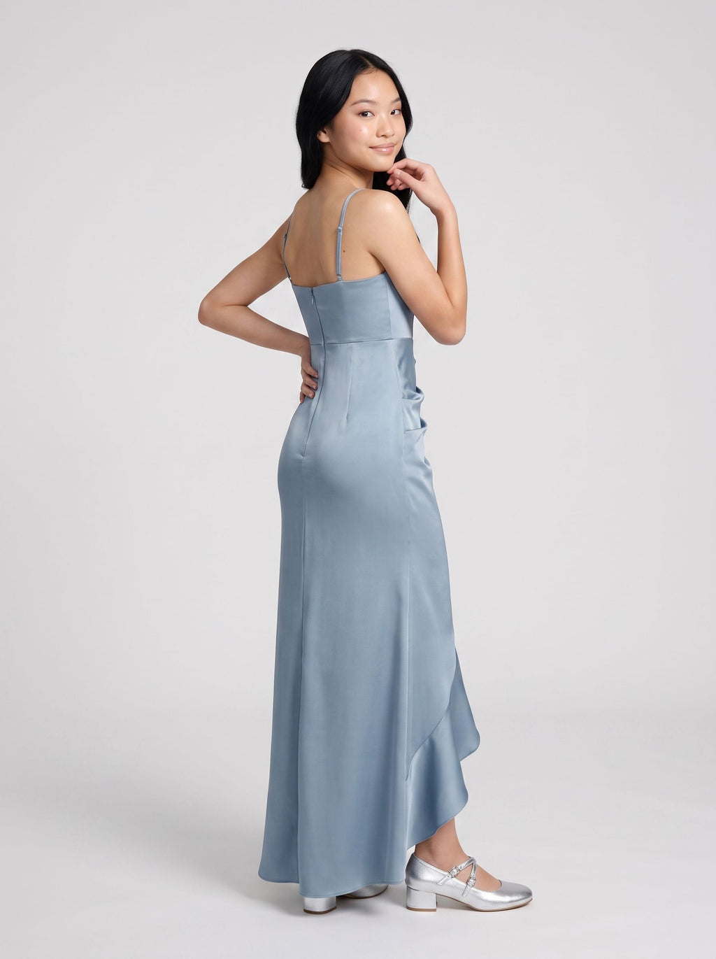 Dusty Blue Satin Sheath Straight Neck Back Zip Floor-Length Dress with Pleating