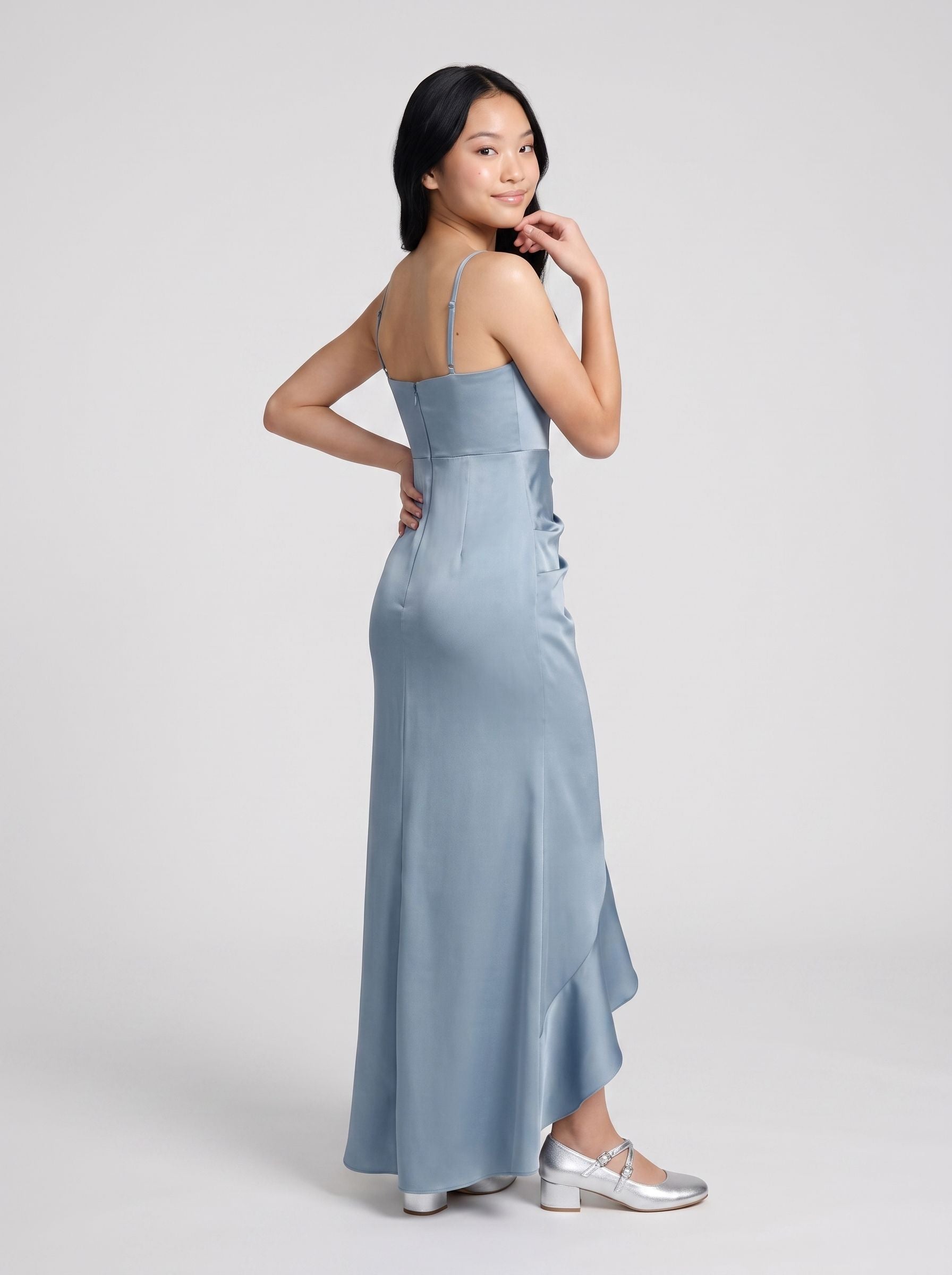 Dusty Blue Satin Sheath Straight Neck Back Zip Floor-Length Dress with Pleating