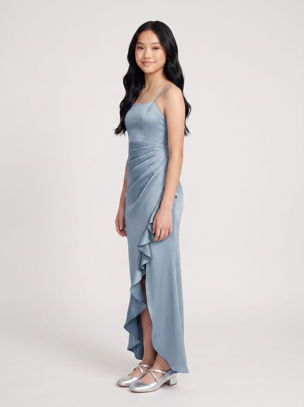 Dusty Blue Satin Sheath Straight Neck Back Zip Floor-Length Dress with Pleating