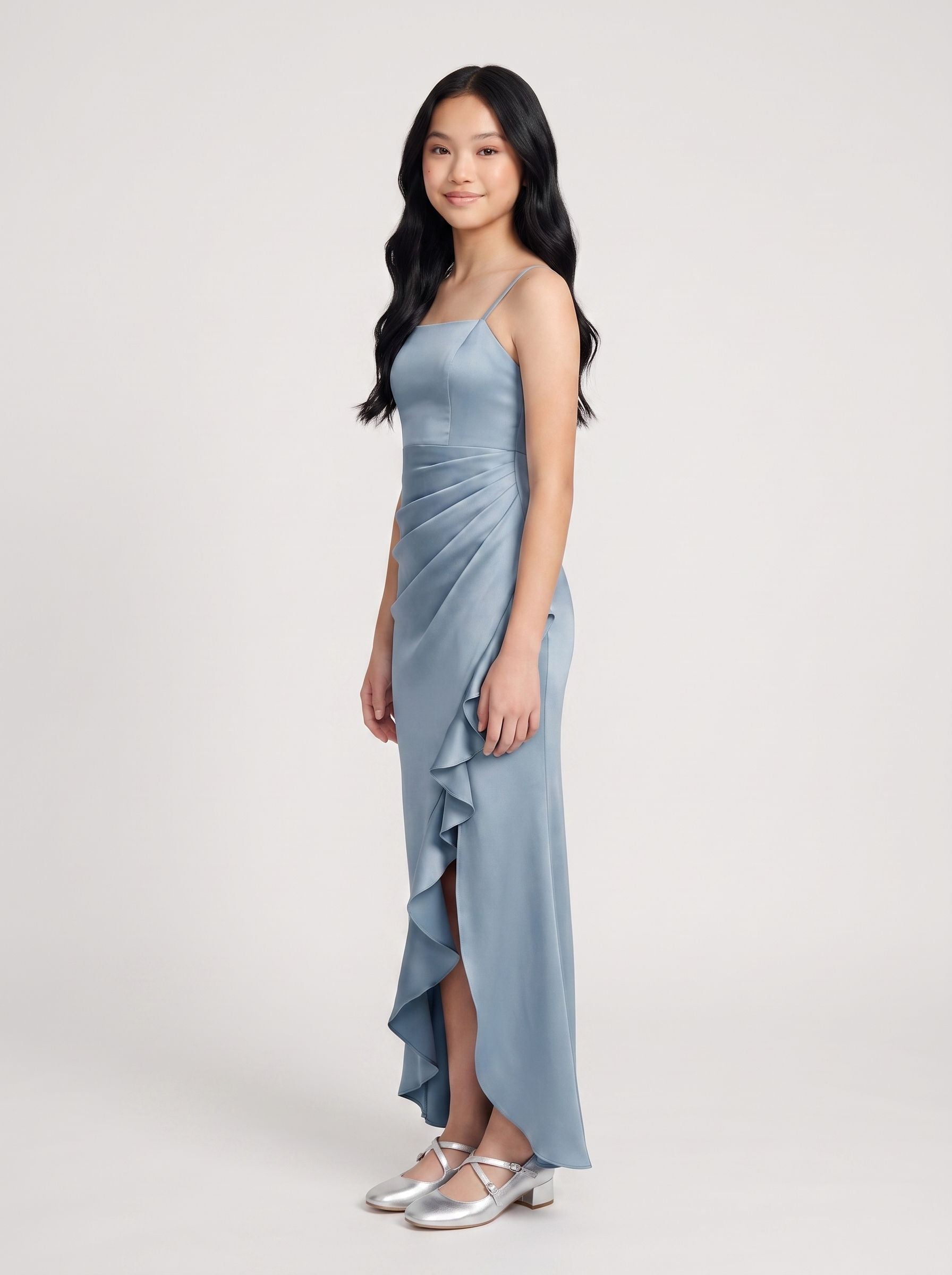 Dusty Blue Satin Sheath Straight Neck Back Zip Floor-Length Dress with Pleating