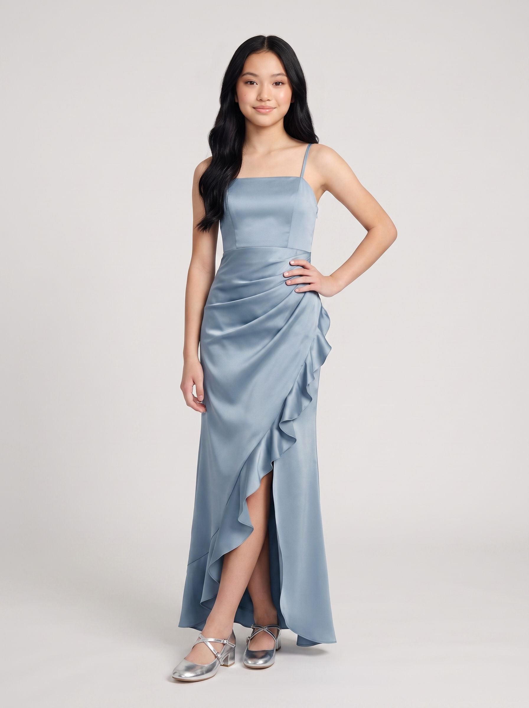 Dusty Blue Satin Sheath Straight Neck Back Zip Floor-Length Dress with Pleating