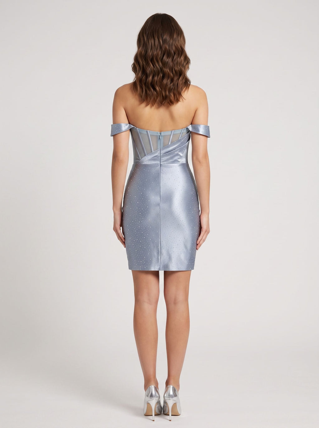 Dusty Blue Satin Sheath Off-the-Shoulder Corset Back Short Dress with Beading