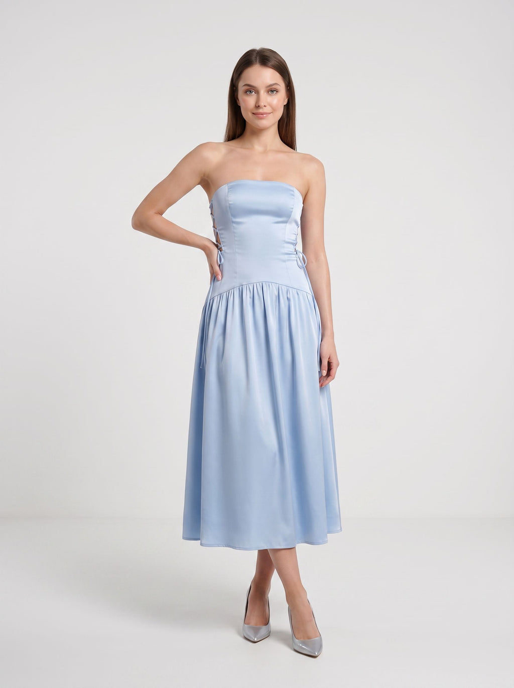 Sky Blue Satin A-Line Straight Neck Back Zip Floor-Length Dress with Side Tie-Up Detail